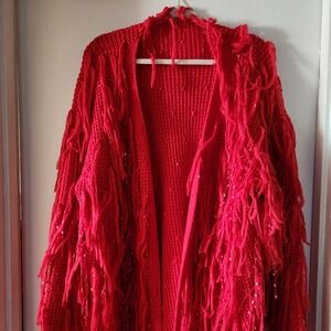 Vibrant Red Fringe Knit Shawl